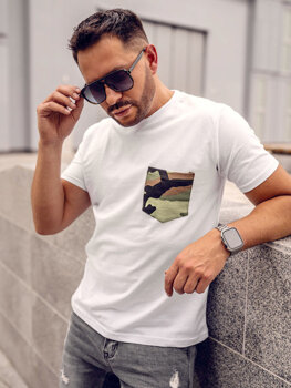 Herr Bomulls Camo T-shirt med tryck och en ficka Vit Bolf 14507A