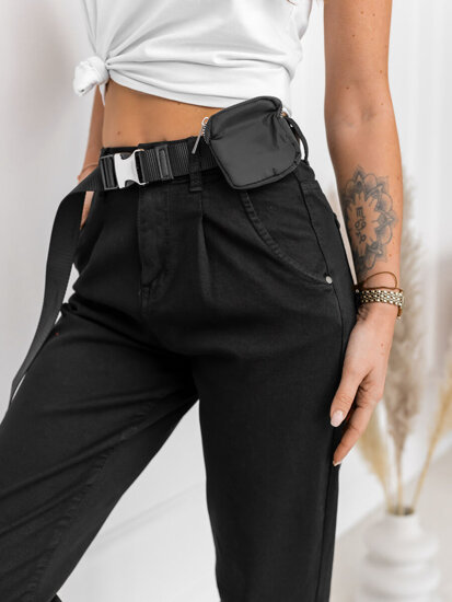 Dam High Waist Jeans med Bälte och Väska Svart Bolf LA688