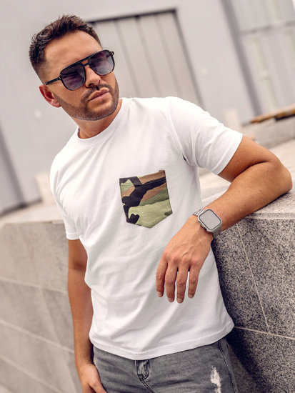 Herr Bomulls Camo T-shirt med tryck och en ficka Vit Bolf 14507A